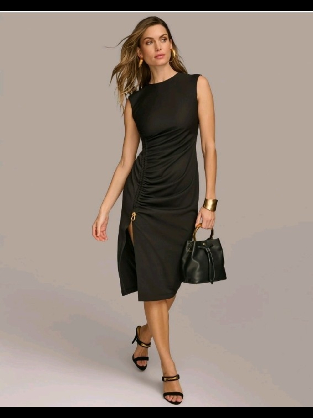 Donna Karan Black Sleeveless Midi Dress with Side Ruching